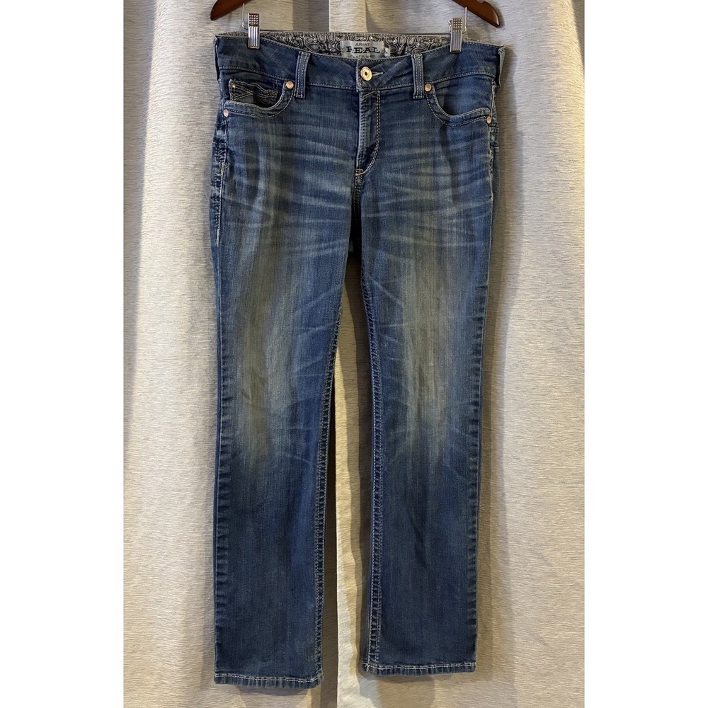 ARIAT Real Denim‎ Women's Blue Jeans Boot Cut 33R Medium Wash Tear